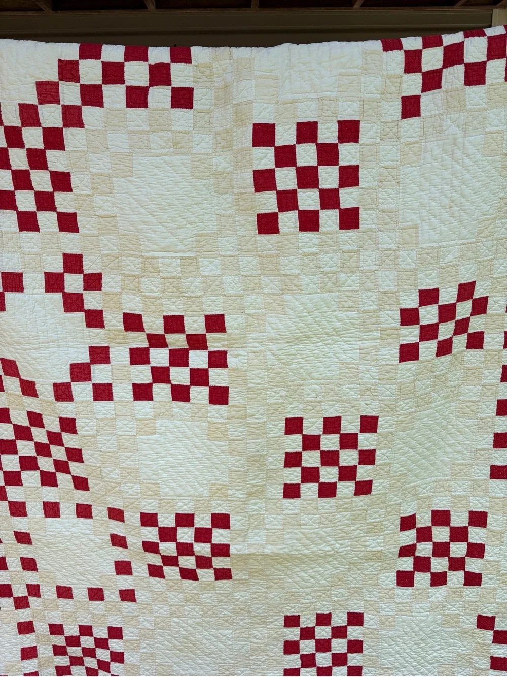 Vintage 1930-1940s Red & White Patchwork Checkered Feed Sack Quilt 65x74